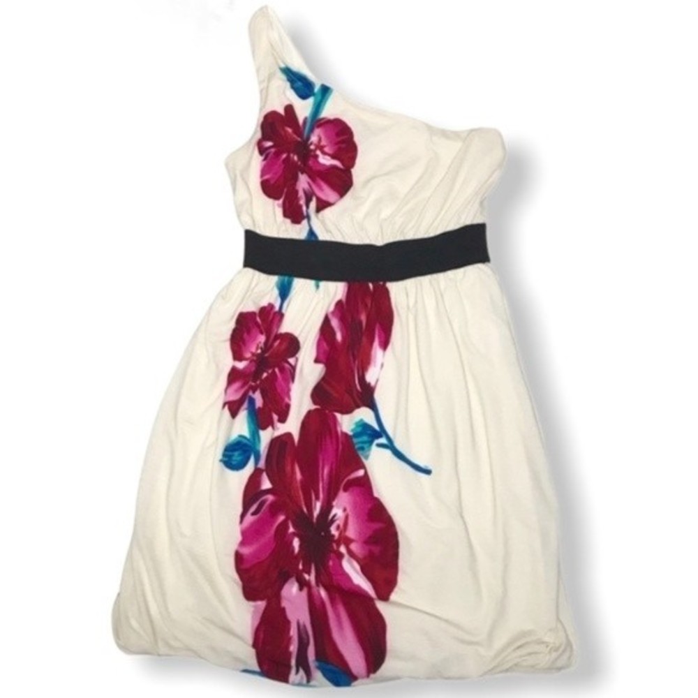 Floral One-Shoulder Ivory Elastic A-Line Mini Dress